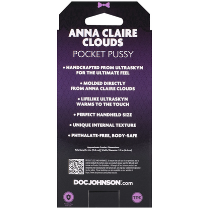 Product packaging for 'Anna Claire Clouds Pocket Pussy' with branding and product details on a purple background.