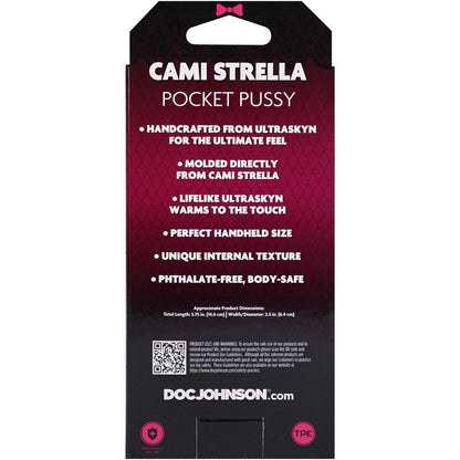 Product packaging for 'Cami Strella Pocket Pussy' with text on a white background