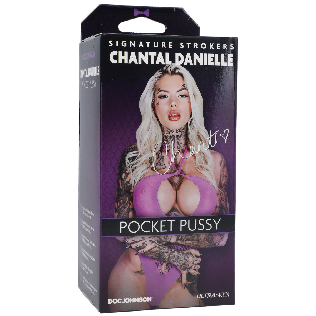 Product packaging for 'Pocket Pussy' by Chantal Danielle with a purple background and visible branding.