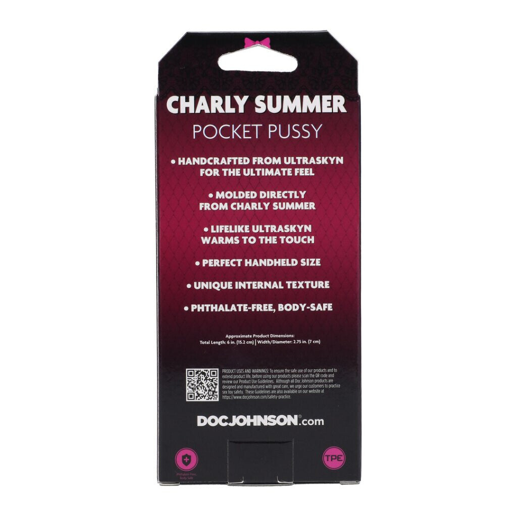 Product packaging for 'Charly Summer Pocket Pussy' by Doc Johnson with text details on a white background.