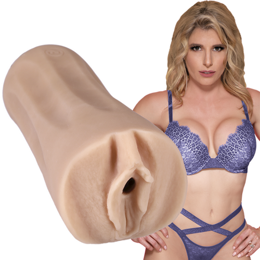 Woman in a blue lingerie set with a close-up of a masturbator on a white background