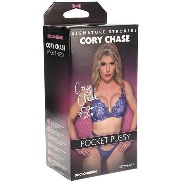 Product packaging for 'Cory Chase Pocket Pussy' with a model wearing lingerie.