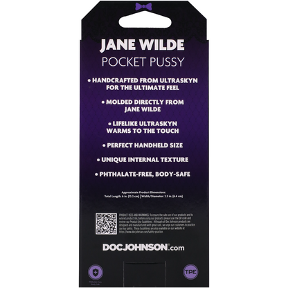 Product packaging for 'Jane Wilde Pocket Pussy' with text on a purple background