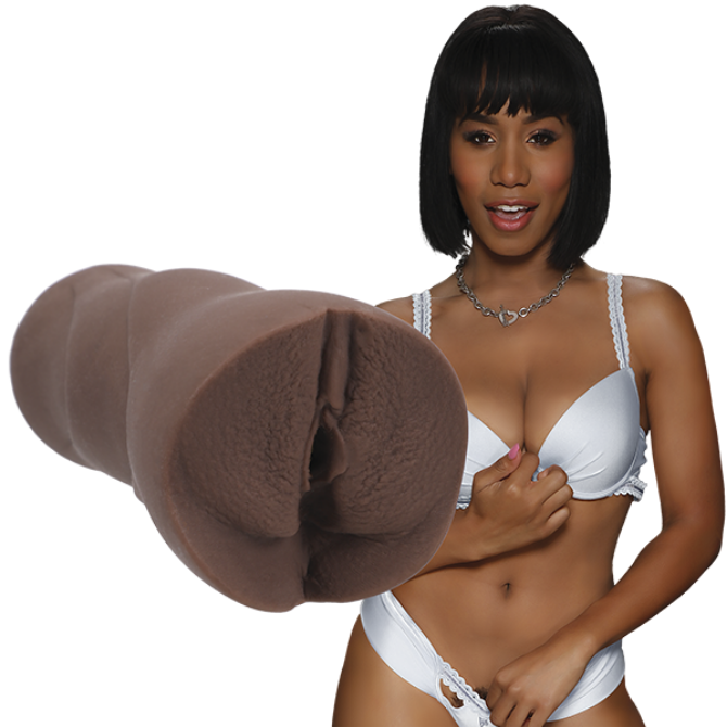 Woman in a white bra and panties next to a masturbator on a white background