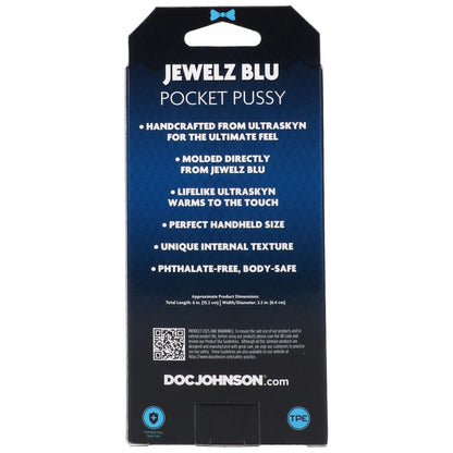 Jewelz Blu Pocket Pussy packaging with product details on a blue background