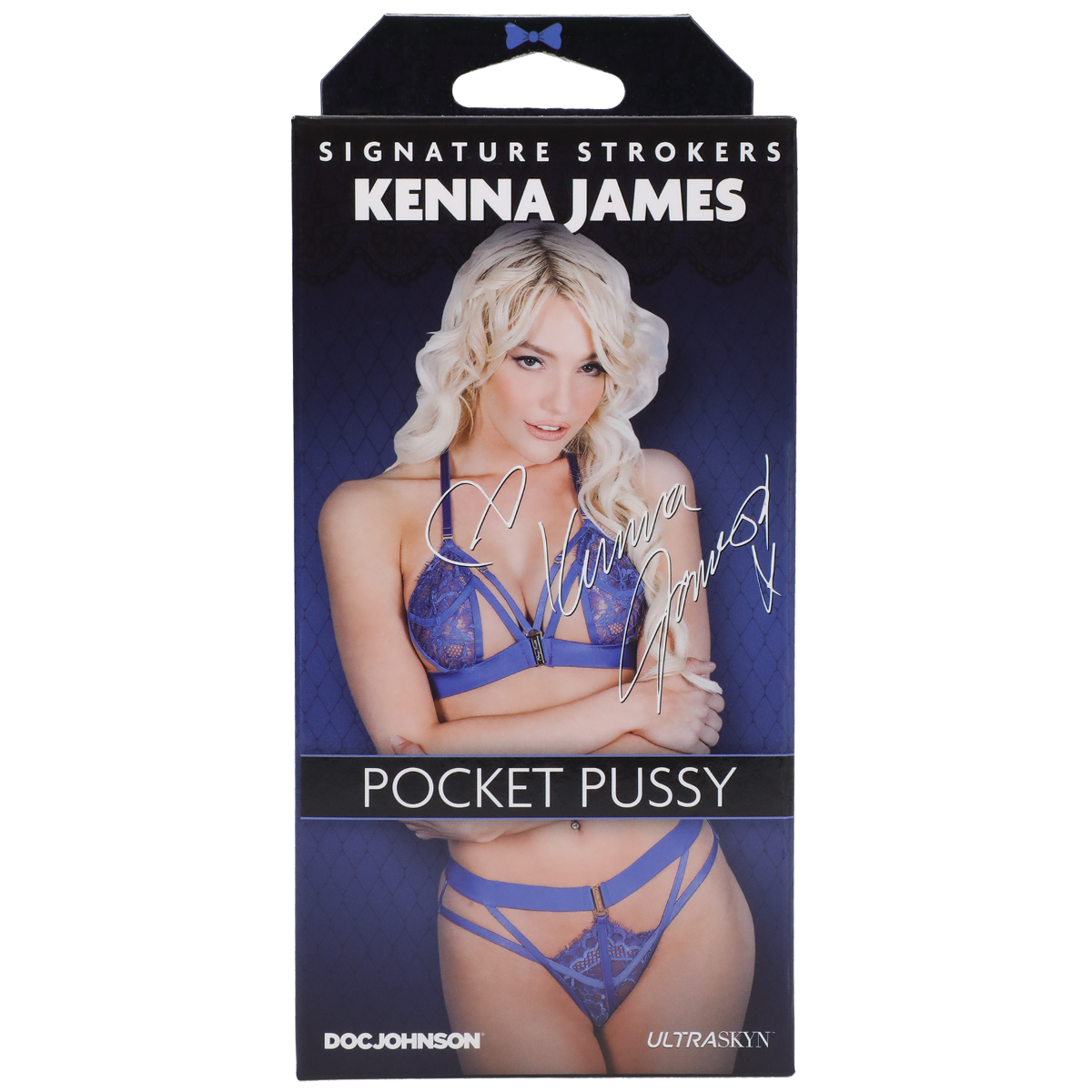 Product packaging for 'Kenna James Pocket Pussy' with a model wearing lingerie on a white background.
