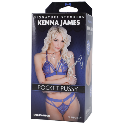 Kenna James product packaging with a model wearing lingerie on a white background