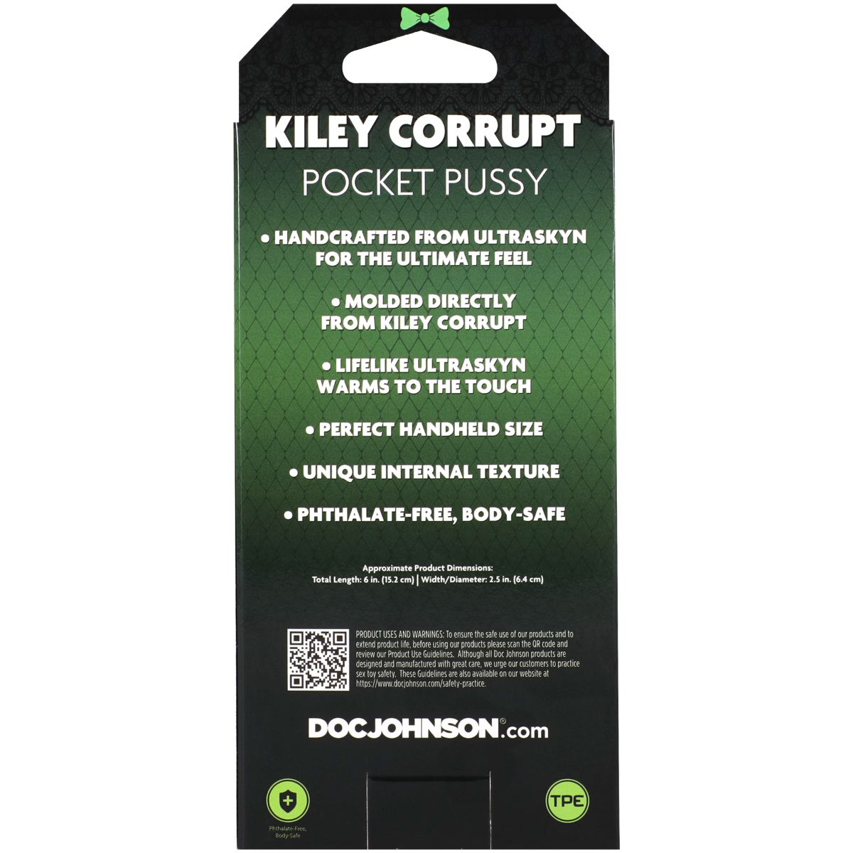 Product packaging for 'Kiley Corrupt Pocket Pussy' with green and black design.