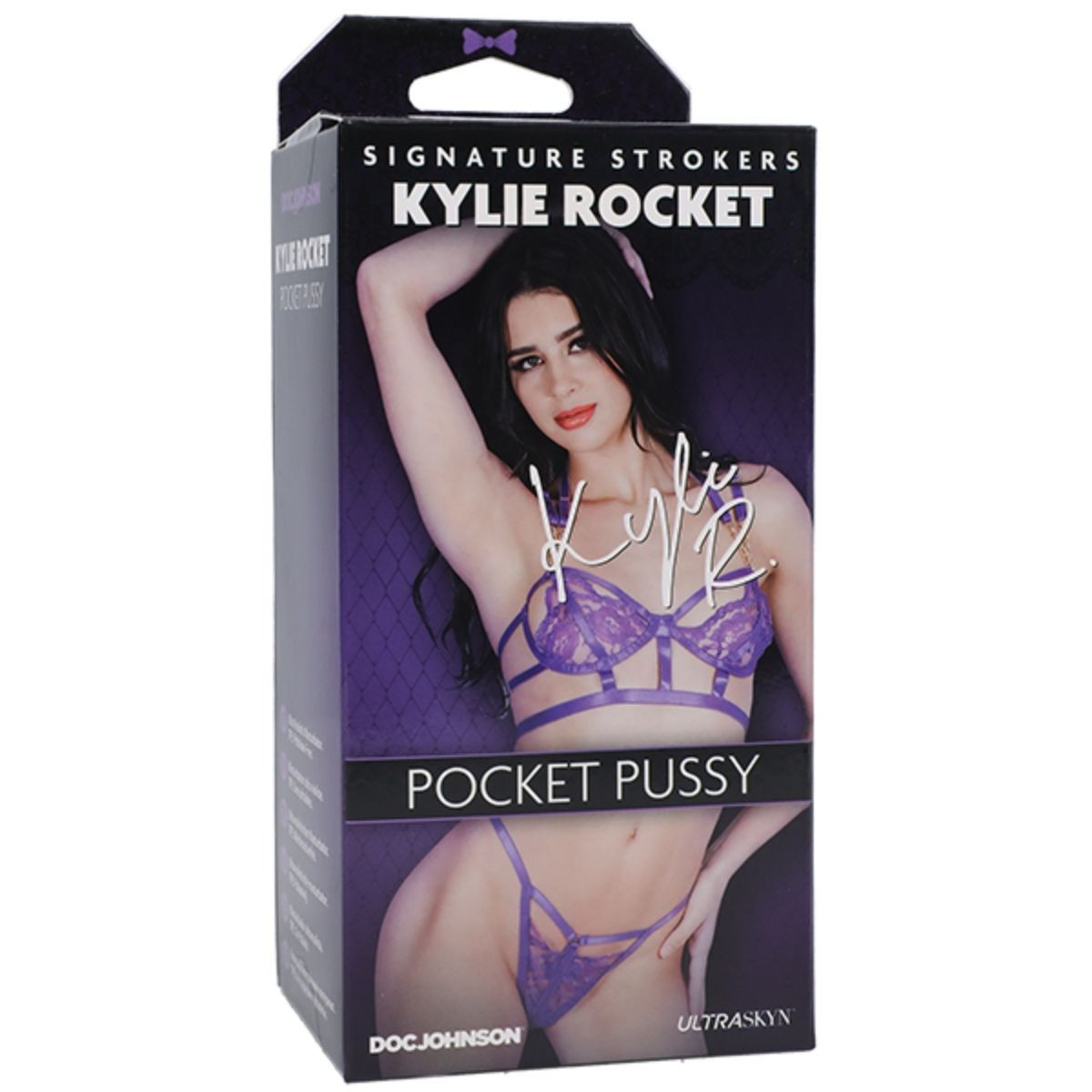 Product packaging for 'Signature Stroker Kylie Rocket Pocket Pussy' with a model wearing purple lingerie.
