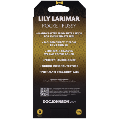 Lily Larimar Pocket Pussy packaging with product details on a white background