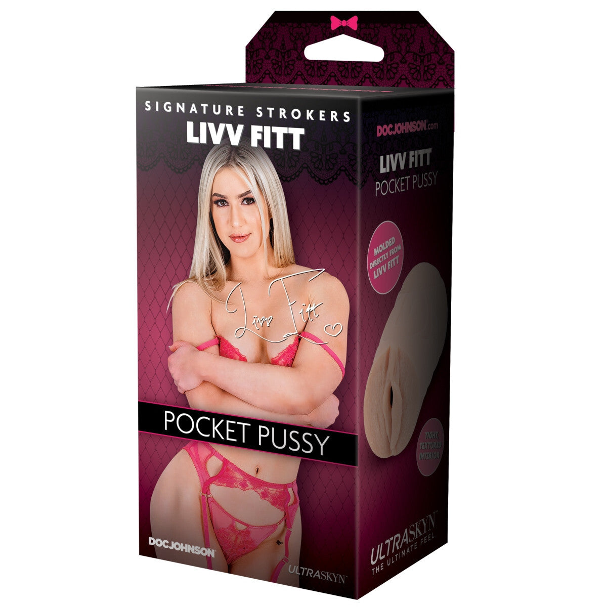 Product packaging for 'Pocket Pussy' by LIVV FITT with a model image on a white background.