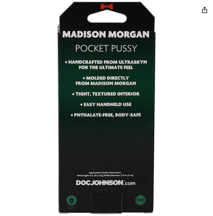 Black packaging of Madison Morgan product with text on a white background