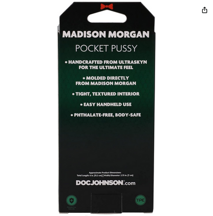 Black packaging of Madison Morgan product with text on a white background