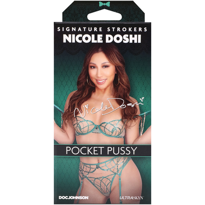 Product packaging for 'Pocket Pussy' by Nicole Doshi with branding and product name displayed.
