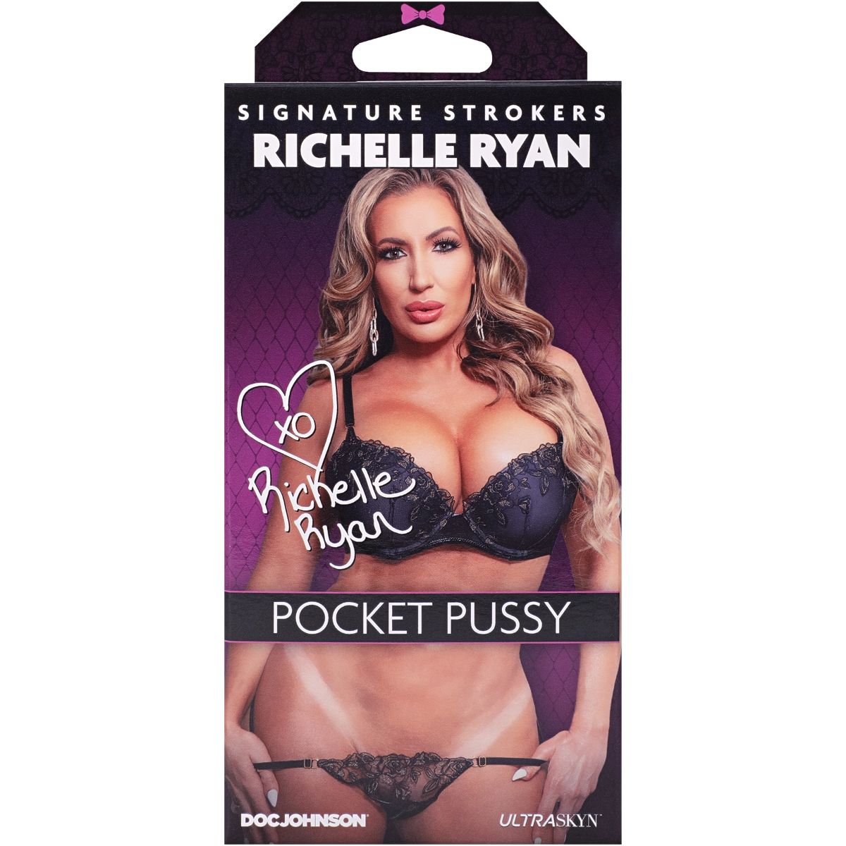 Product packaging for 'Pocket Pussy' by Richelle Ryan with a model wearing lingerie on a purple background.