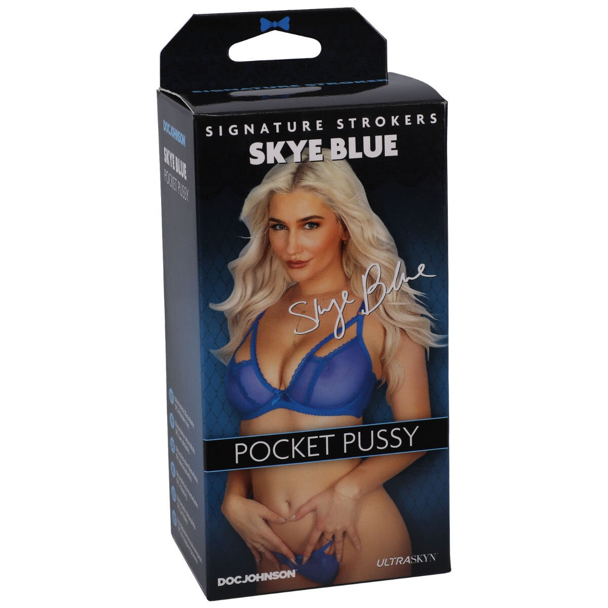 Product packaging for 'Signature Stokers Skye Blue Pocket Pussy' with a model wearing a blue bra.