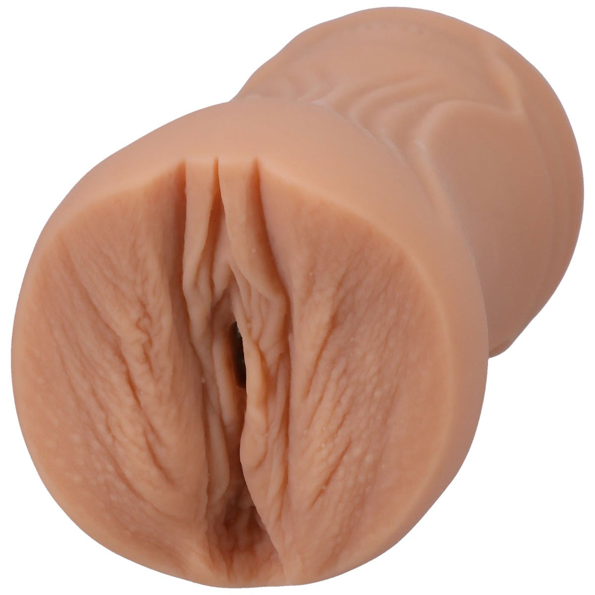 Close-up of a silicone masturbator with a realistic design on a white background