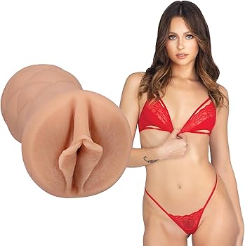 Woman in red lingerie with a close-up of a beige silicone stroker on a white background