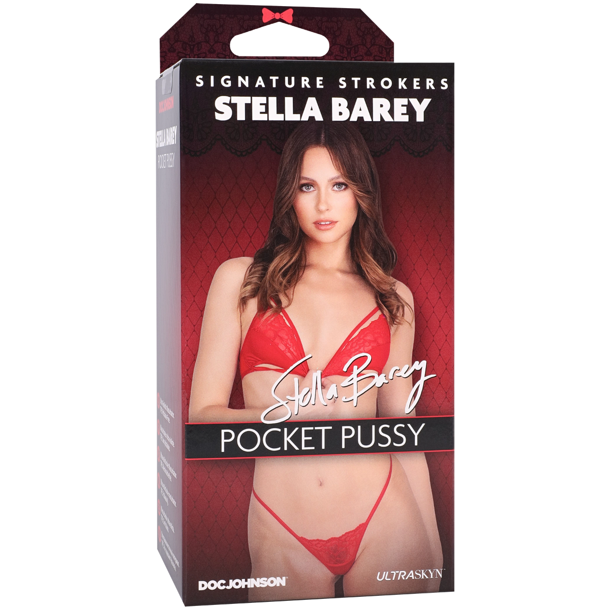 Product packaging for 'Pocket Pussy' by Stella Barey with a model wearing red lingerie.
