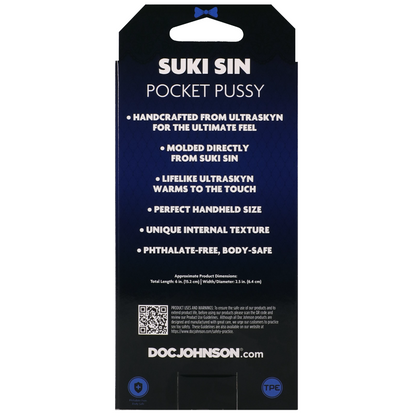 Product packaging for 'Suki Sin Pocket Pussy' with branding and product details on a white background.