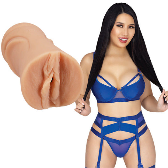 Woman in blue lingerienext to a masturbator on a white background