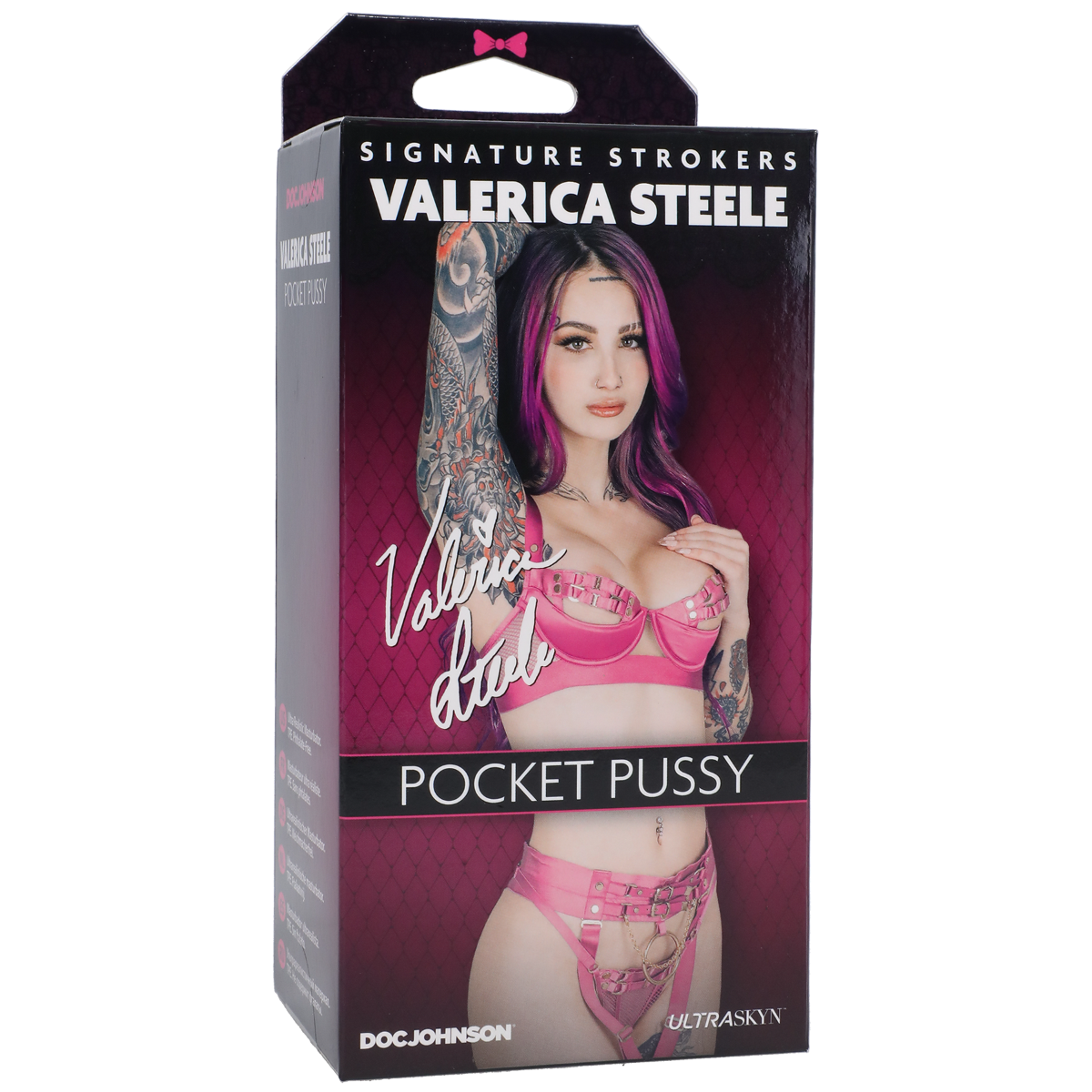 Product packaging for 'Pocket Pussy' by Valeria Steele with a model wearing pink lingerie.