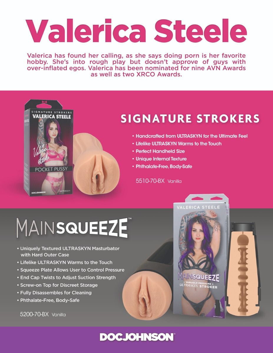 Advertisement for Valeria Steele's signature strokers and Main Squeeze product with packaging and product images on a pink background.