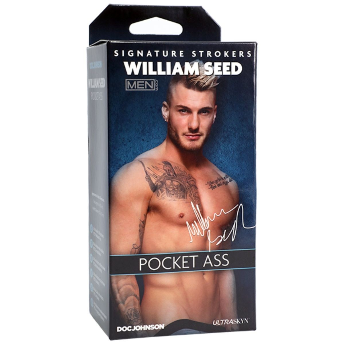 Product packaging for 'Pocket Ass' by William Seed with a model's image on a white background