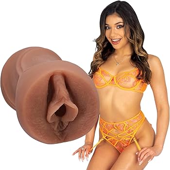 Woman in Yellow and Orange lingerie next to a masturbator stroker
