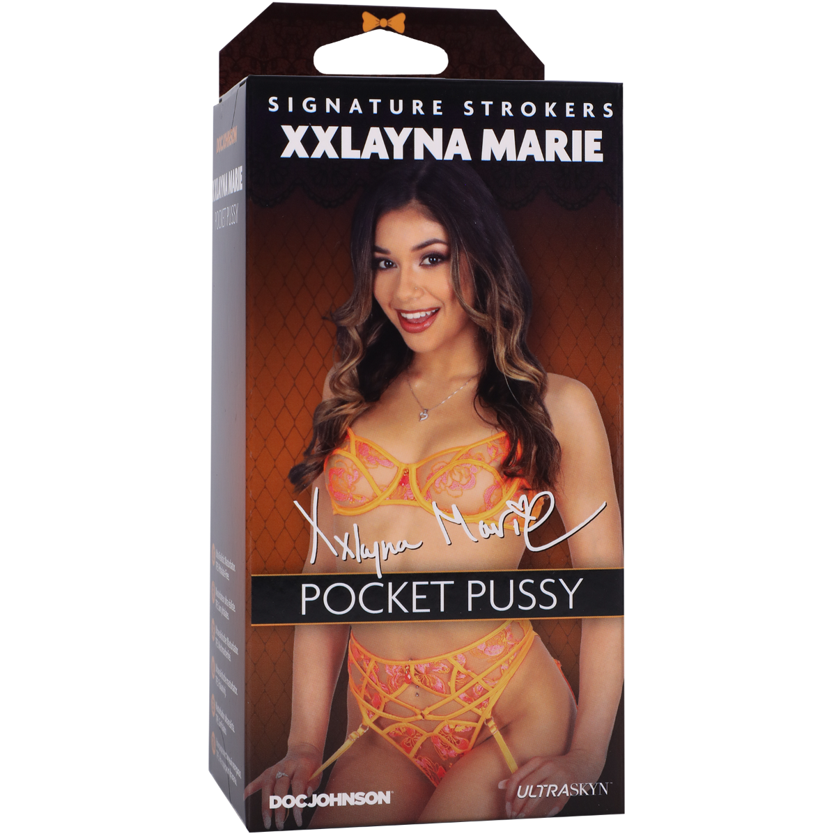 Product packaging for 'XXLayna Marie Pocket Pussy' by Signature Stokers on a white background.