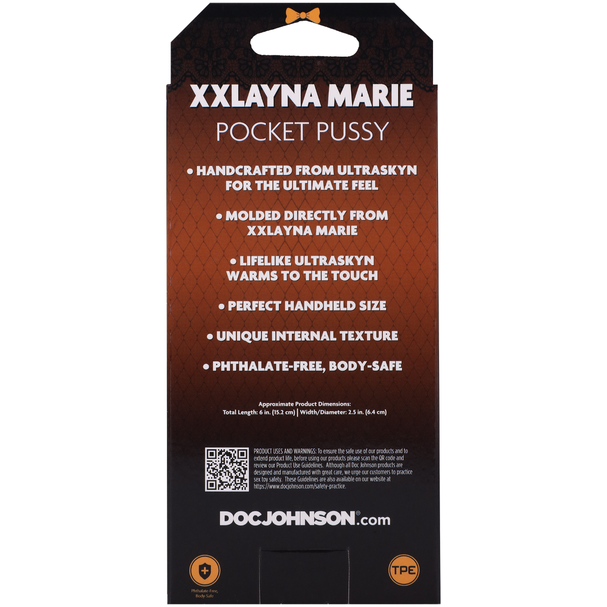 Product packaging for 'XXLAYNA MARIE Pocket Pussy' with branding and product details.