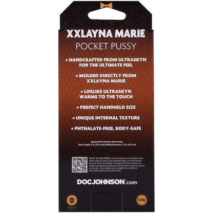 Product packaging for 'XXLAYNA MARIE Pocket Pussy' with branding and product details.