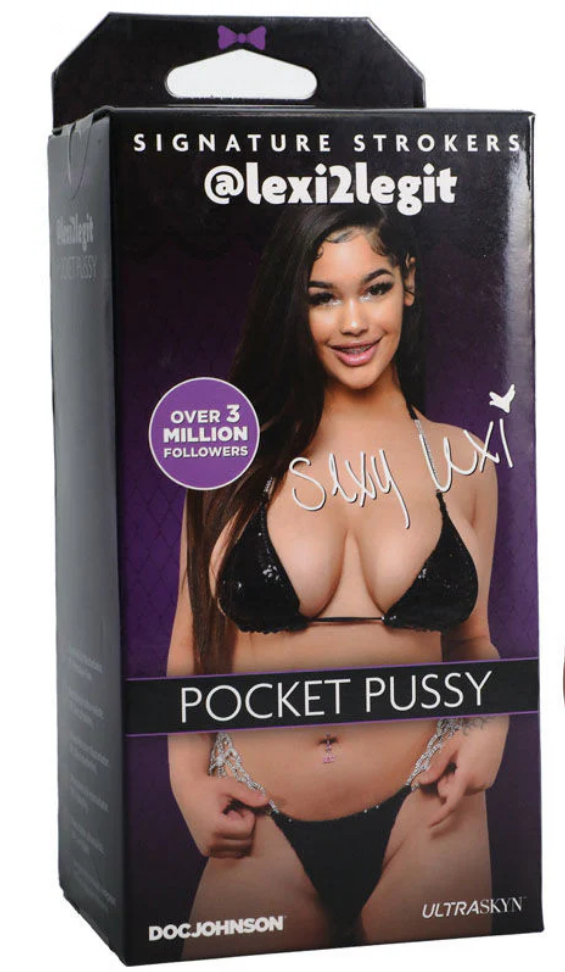 Product packaging for 'Pocket Pussy' with a model in a black bikini on a purple background.