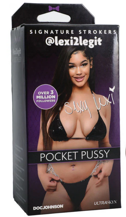 Product packaging for 'Pocket Pussy' with a model in a black bikini on a purple background.