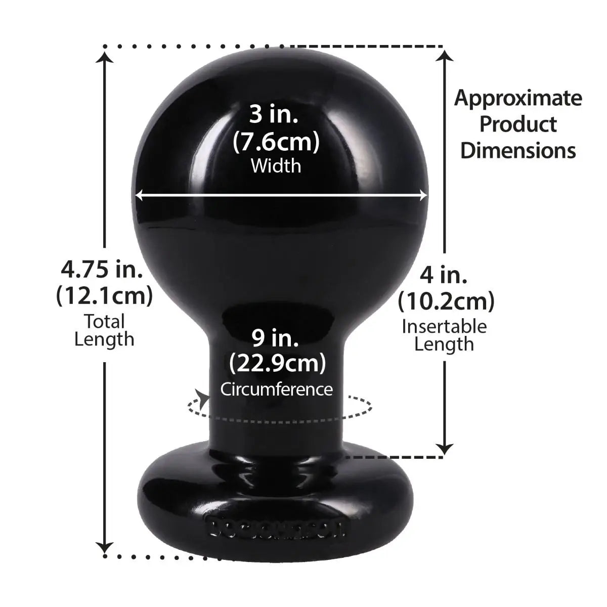 Black anal plug with measurements on a white background