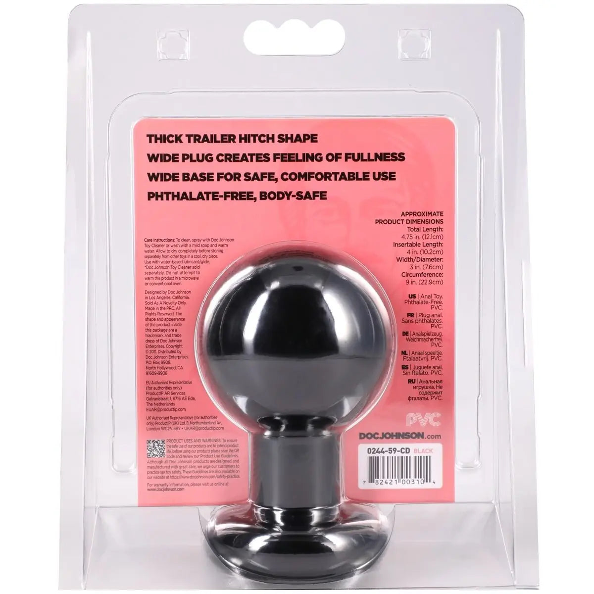 black anal plug in packaging with pink label and white background
