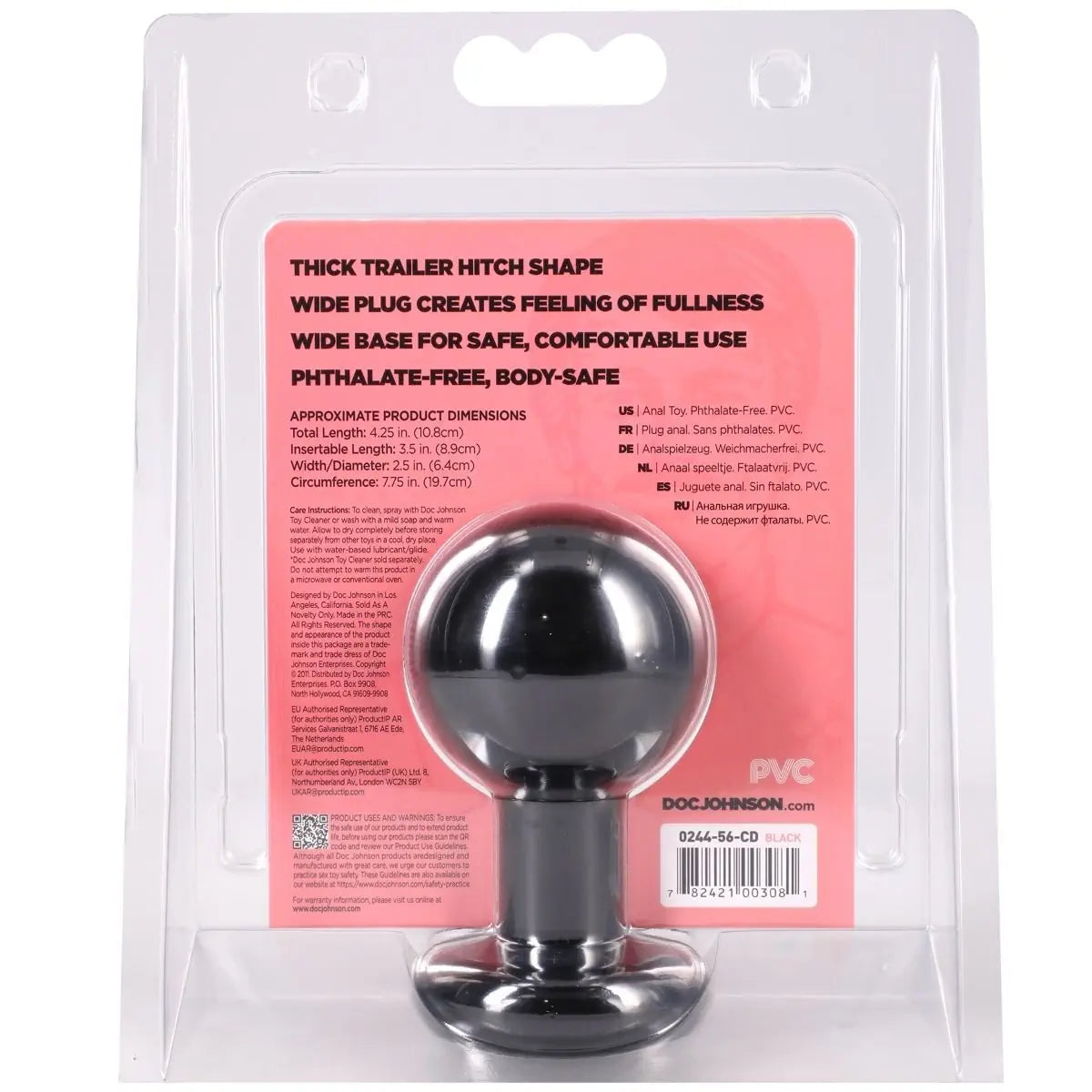 A black plastic trailer hitch shaped anal plug with a mounting base, packaged in a clear blister pack with a pink and white product insert card. The brand name Doc Johnson is visible on the packaging.