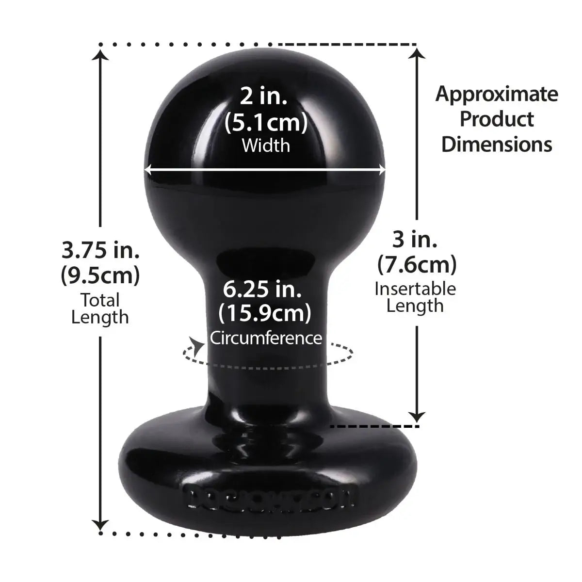 Black silicone personal massager with overlaid dimension labels showing total length 3.75 in.