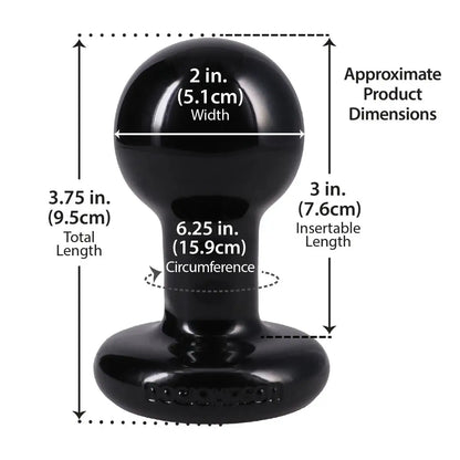 Black silicone personal massager with overlaid dimension labels showing total length 3.75 in.