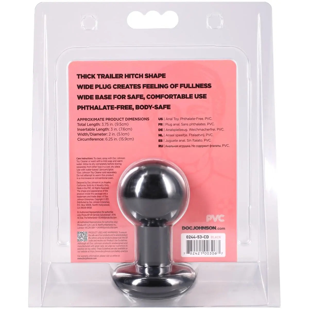 A black PVC thick trailer hitch shape anal plug with a metallic ball head, packaged in a clear plastic blister pack with a pink and white backing card. The brand name 'Doc Johnson' is visible on the packaging.