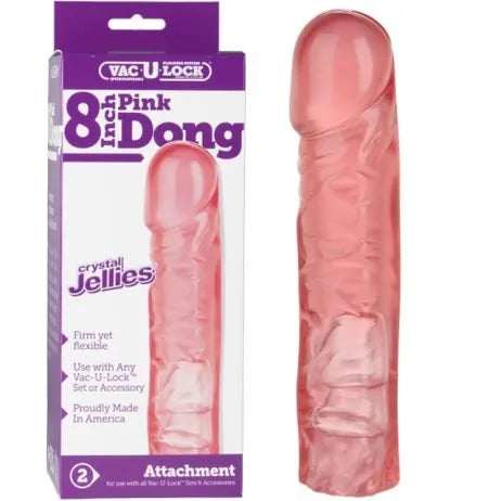 Pink 8-inch 'Dong' with packaging labeled 'Vac-U-Lock' on a white background