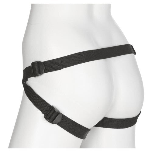 Black harness on a mannequin against a white background