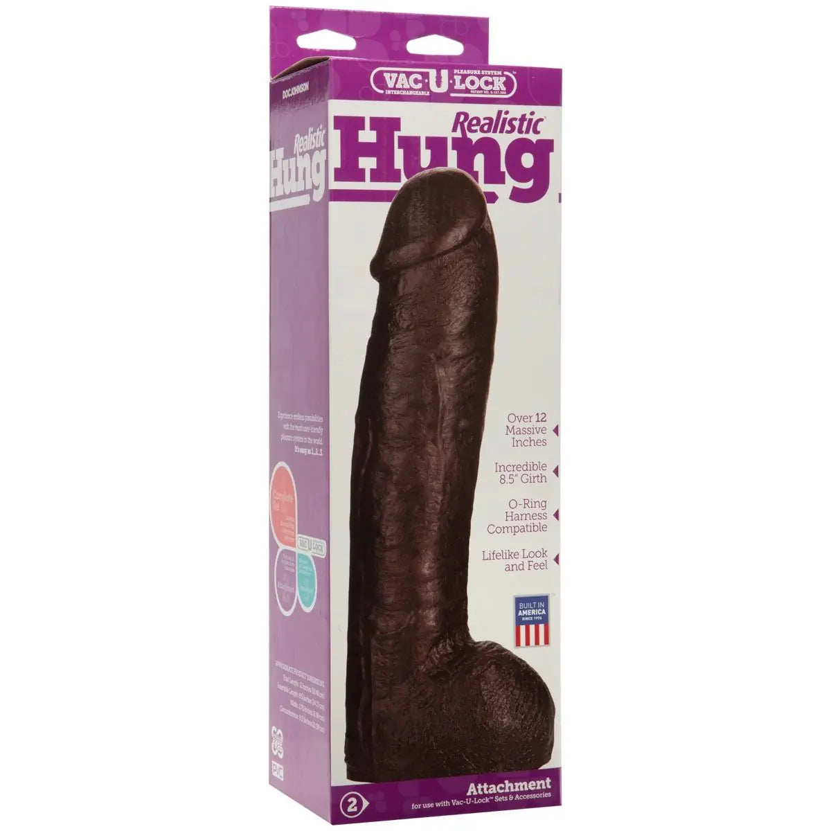 Product packaging of a realistic hung penis dildo attachment with a purple and white box.