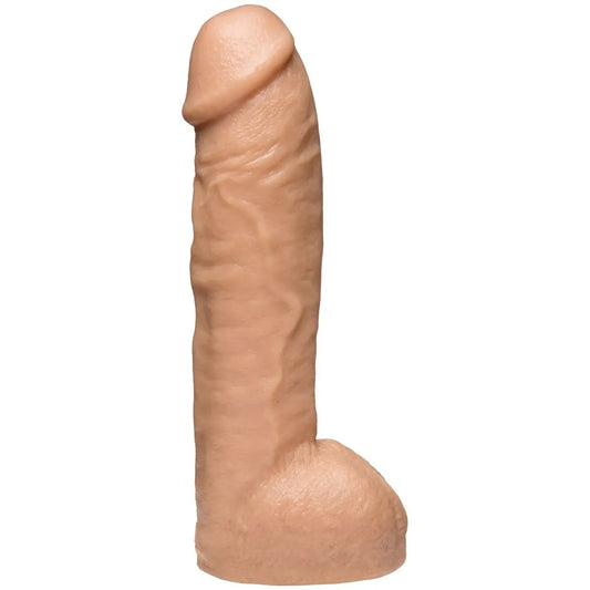 Realistic silicone model of a penis on a white background