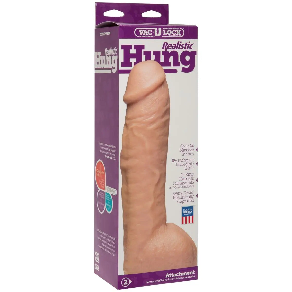 Doc Johnson Vac-U-Lock Realistic Hung 12 Inch Strap-On Dildo packaging on a white background