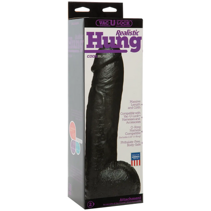 Product packaging of a black realistic hung dildo with branding on a white background