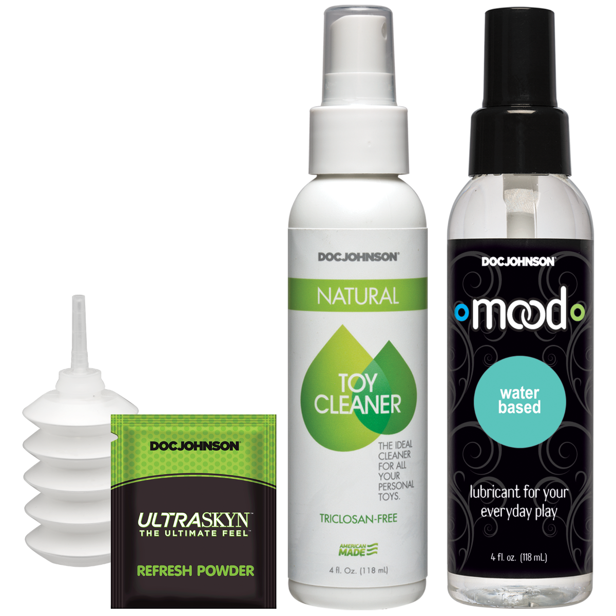 Collection of Doc Johnson products including toy cleaner, lubricant, and powder on a white background