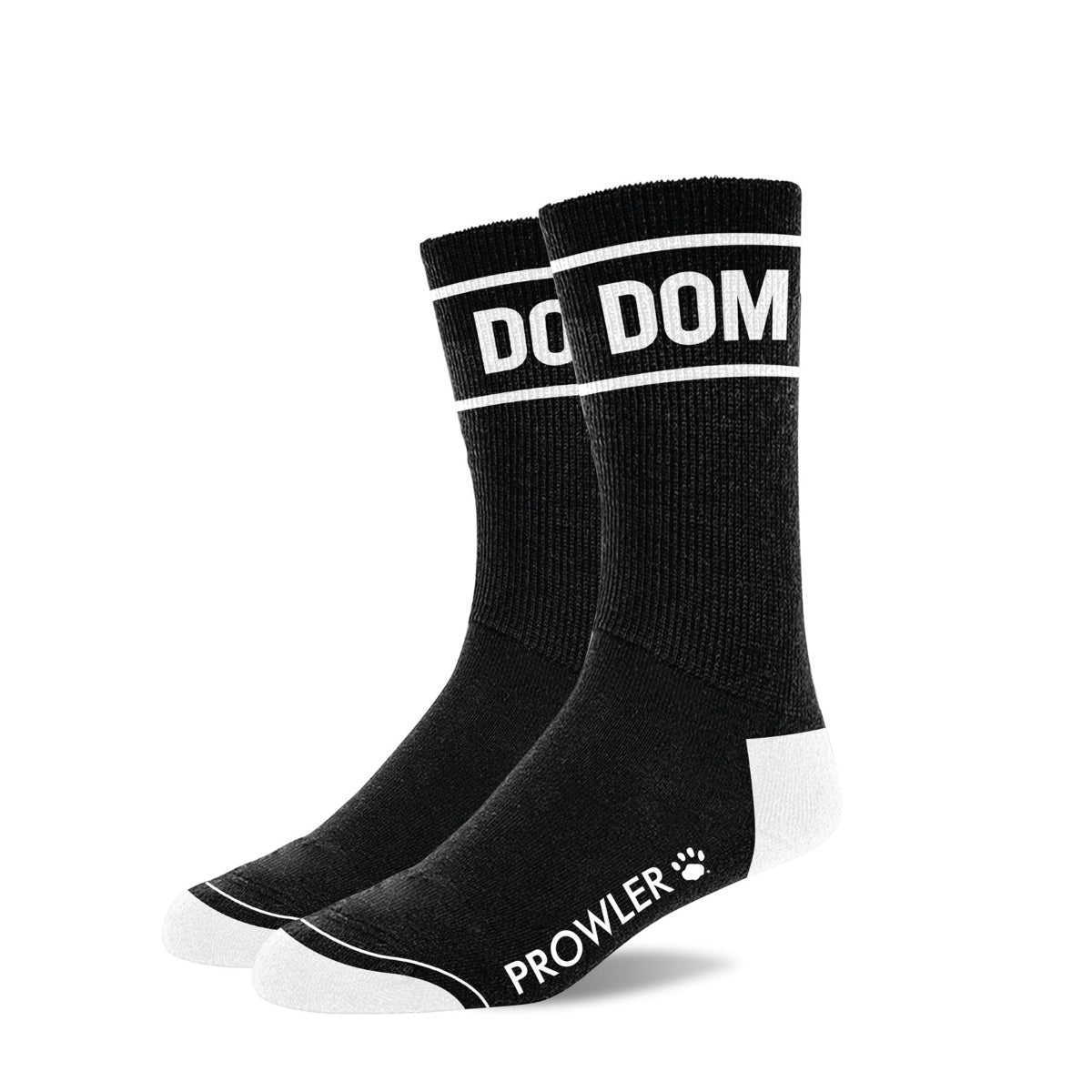 Black socks with 'Dom' and 'Prowler' branding on a white background