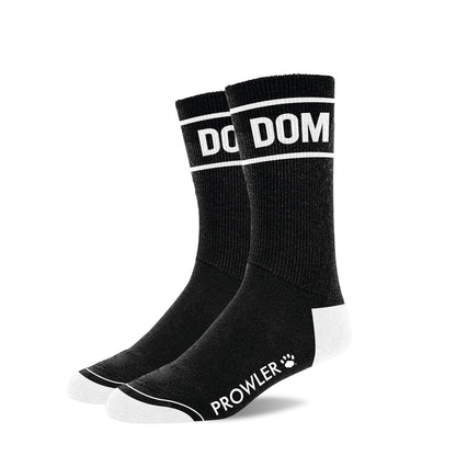 Black socks with 'Dom' and 'Prowler' branding on a white background