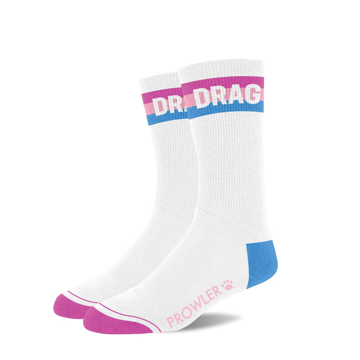 White sock with pink and blue accents featuring 'Drag' branding on a white background